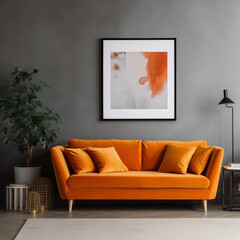 Orange Velvet Sofa in Modern Living Room Interior