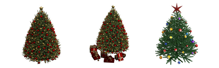 Christmas tree with decorations, set of New Year's trees, isolated on white background, 3D illustration, cg render