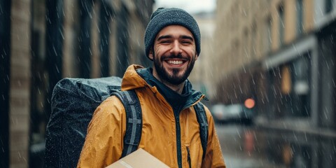 Fototapeta premium Smiling man in rain, holding package.