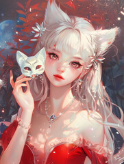 Fantasy artwork of a white-haired girl in a red dress holding an animal mask, with long lashes, shining eyes, and pink lips, diamond earrings sparkling by her face, 