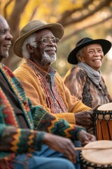 Fototapeta premium Elderly people sit on wooden bench with curved backrest. Three seniors wear hats - beige, red and green patterned, black. They are surrounded by yellow leaves of tree in fall park scene.