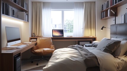 Fototapeta premium Transform Your Space: A Multifunctional Bedroom Design with Home Office, Compact Desk, Cozy Reading Nook & Light Curtains - Perfect for a Stylish Poster in Modern Interiors!