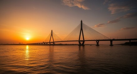 Obraz premium A bridge over a river at sunset, with the setting sun reflecting on the water.