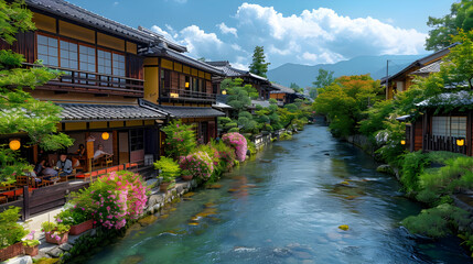 Fototapeta premium Beautiful Japanese River with Traditional Houses and Lush Greenery - Realistic Image