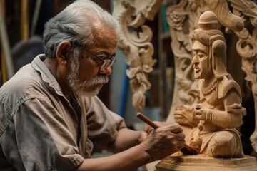 South Asian man crafts wooden deity statue. Artist carves intricate details on pedestal in workshop. Meticulous craftsmanship creates lifelike appearance. Wood carving art form cultural heritage.