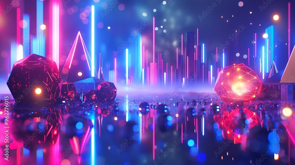 Poster neon lights illuminate a scene of geometric shapes, with a reflection on a shiny surface.