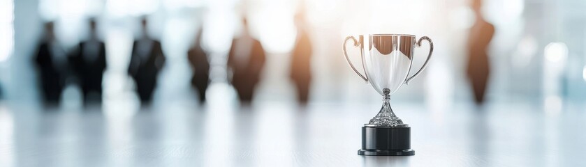 Shiny trophy symbolizing achievement and success, with blurred figures in the background, ideal for award-related themes.