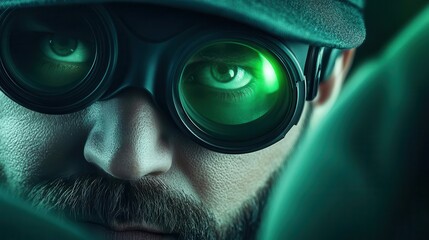 Secret agent peering through night-vision goggles, the green glow adding to the mystery