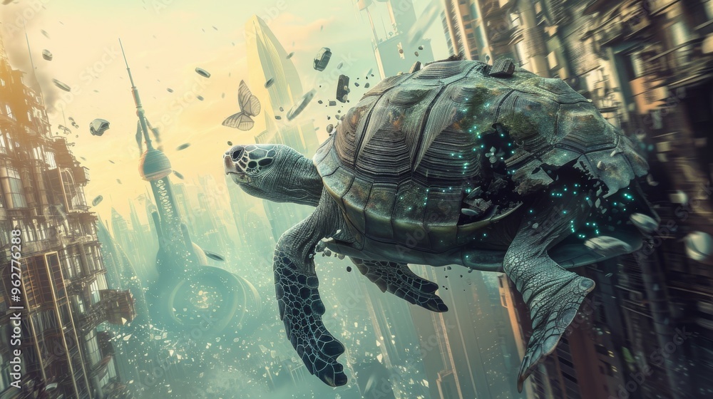 Poster a surreal 3d rendering of a robotic turtle floating amidst a futuristic urban landscape. the scene b