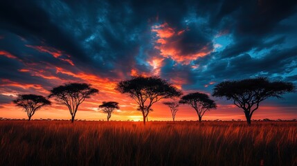 A stunning sunset over a savanna landscape with silhouetted trees against a colorful sky.