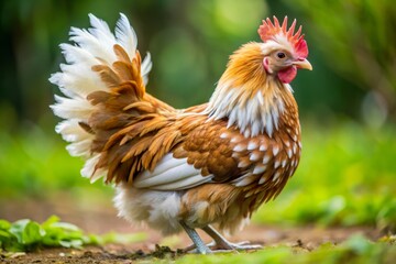 Fototapeta premium Kleine, bruine en witte, pluimveerde Bantam terheyden met gespleten pluimen en gespleten voeten.