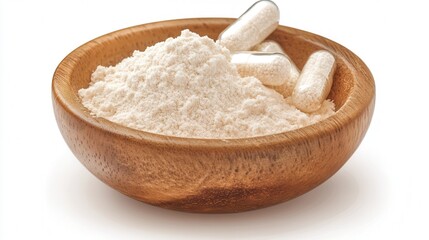 Natural supplement powder in a wooden bowl with capsules, ideal for health and wellness concepts.