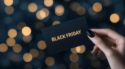 Subtle Black Friday code card with a background of shimmering bokeh lights, representing a confidential offer