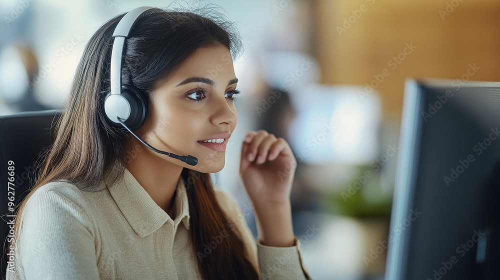 Poster woman works in a call center wearing headset. she sits at desk with computer monitor displaying open