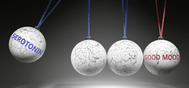 Serotonin and Good Mood - cause and effect relationship. A Newton cradle metaphor showing how serotonin results in good mood. It initiates good mood. ,3d illustration