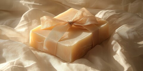 Beige bar soap tied with a bow.