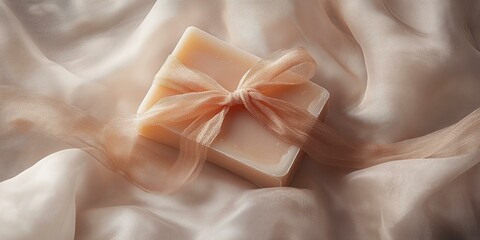 A gift wrapped in a delicate, sheer ribbon.