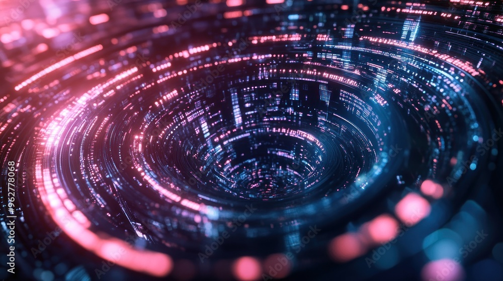 Poster A swirling digital vortex with glowing particles, representing technology and data flow.