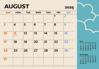 2025年卓上カレンダー：8月、日本の祝日・行事入り