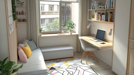 Stylish Small Studio Apartment Design: Perfect Dual Workspace & Relaxation Zone with Pastel Accents for a Cozy Poster Home Decor