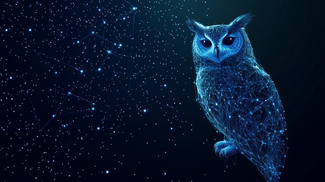 Owl isolated from low poly wireframe on dark background. Wild bird of prey. Vector polygonal image in the form of a starry sky or space, consisting of points, lines, and shapes in the form of stars