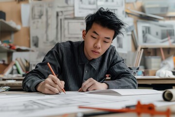 Young Asian man sits at wooden desk with papers and art supplies. He focuses on sketching architectural designs with pencil. Bulletin board in background displays drawings and notes.