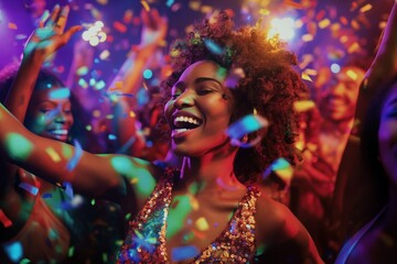Vibrant party scene features African American woman dancing in gold dress with earrings. Group of young people surround, dancing, fun. Bright lights, colorful atmosphere, confetti add to festive mood.