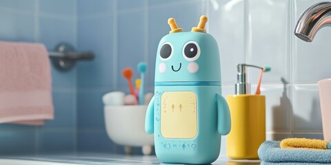 Blue robot-shaped dispenser in a bathroom.