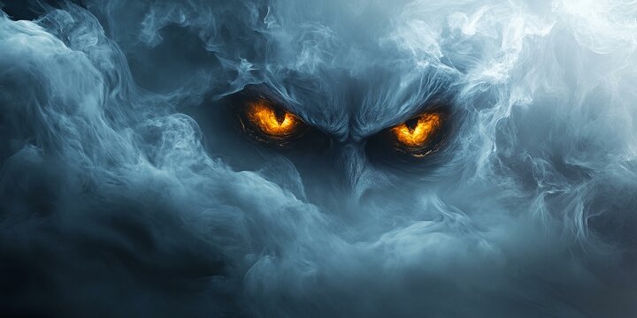 Fiery eyes peer from swirling smoke.