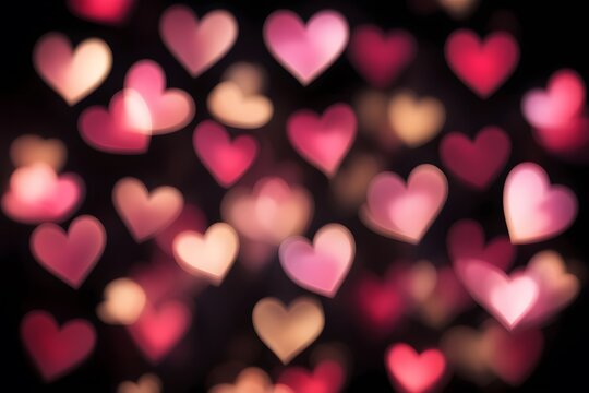 A soft focus bokeh effect of twinkling heart shapes in shades of red pink and gold on a black background, Ai Generated