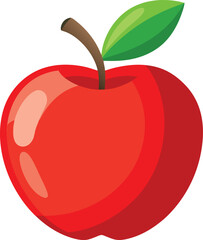 A simple, vibrant illustration of a shiny red apple with smooth curves and soft reflections on its surface. The apple has a small brown stem at the top, with a bright green leaf attached to it. The de