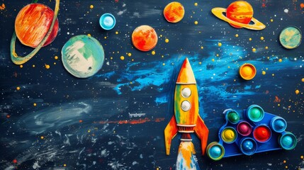 Naklejka premium A vibrant space-themed artwork featuring a multicolored rocket and various planets against a starry sky. Paint containers add a creative touch, making it perfect for inspiring young artists and space