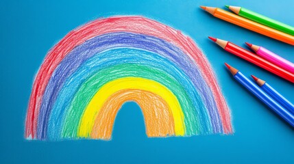 Obraz premium A brightly colored rainbow is drawn with crayons on a blue background, accompanied by an array of vibrant pencils, perfect for inspiring children's creativity and art projects.