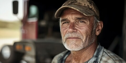 Obraz premium A man in a dirty cap looks intensely at the