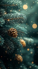 mobile wallpaper tinsel foil Christmas tree decorations on a dark green background with falling snowflakes, silver confetti, bright holographic shine 