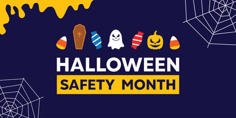 Halloween Safety Month. Candy, ghost,  pumpkin and more. Great for cards, banners, posters, social media and more. Dark background.