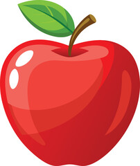 A simple, vibrant illustration of a shiny red apple with smooth curves and soft reflections on its surface. The apple has a small brown stem at the top, with a bright green leaf attached to it. The de