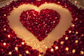 A sparkling heart in the middle of a bed of red rose petals with golden light radiating, AI Generated