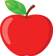 A simple, vibrant illustration of a shiny red apple with smooth curves and soft reflections on its surface. The apple has a small brown stem at the top, with a bright green leaf attached to it. The de