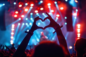 Heart shaped hands raised in excitement at vibrant music concert with colorful lights, silhouette of people enjoying performance. Fans cheering for favorite artist on stage, celebrating fun night out.