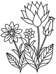 bold and easy plants and flower line art vector illustration, Flower coloring book for children and adults designed by AI