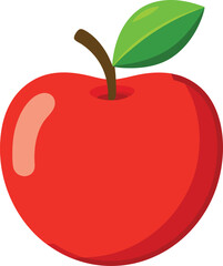 A simple, vibrant illustration of a shiny red apple with smooth curves and soft reflections on its surface. The apple has a small brown stem at the top, with a bright green leaf attached to it. The de