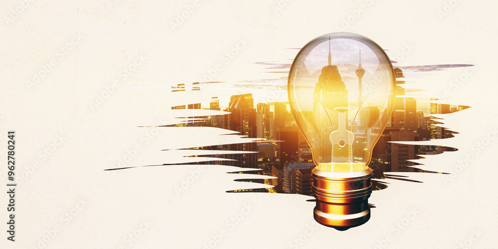 Poster Light bulb with cityscape reflection on abstract background. 3D Rendering