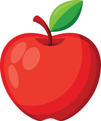 A simple, vibrant illustration of a shiny red apple with smooth curves and soft reflections on its surface. The apple has a small brown stem at the top, with a bright green leaf attached to it. The de