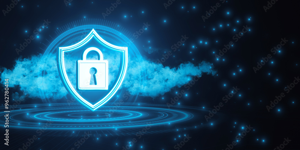 Poster Neon Glowing Lock Shield Symbol Representing Cybersecurity. 3D Rendering