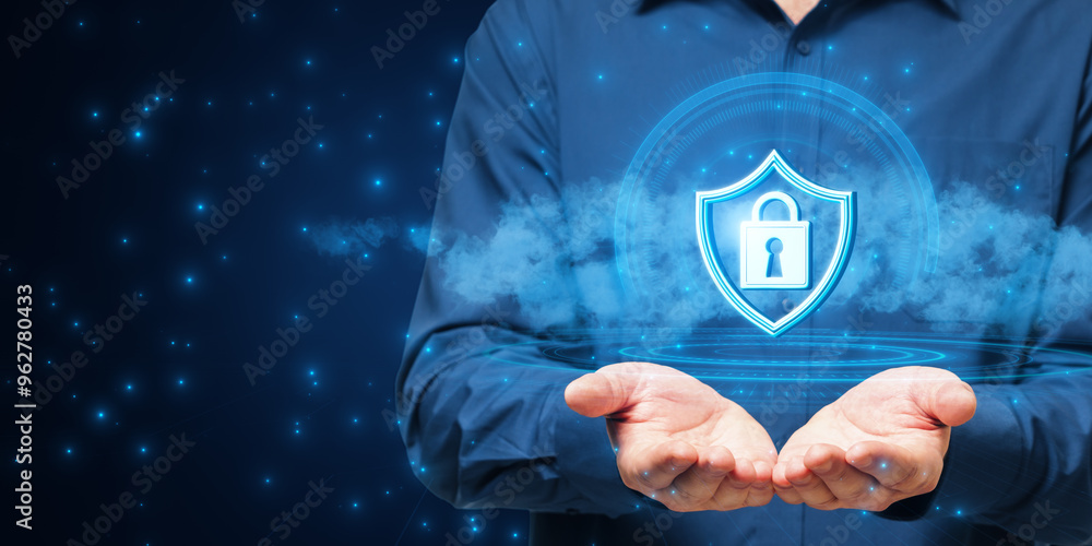 Aufkleber Digital cybersecurity concept with a virtual lock icon in hands on a blue tech background.