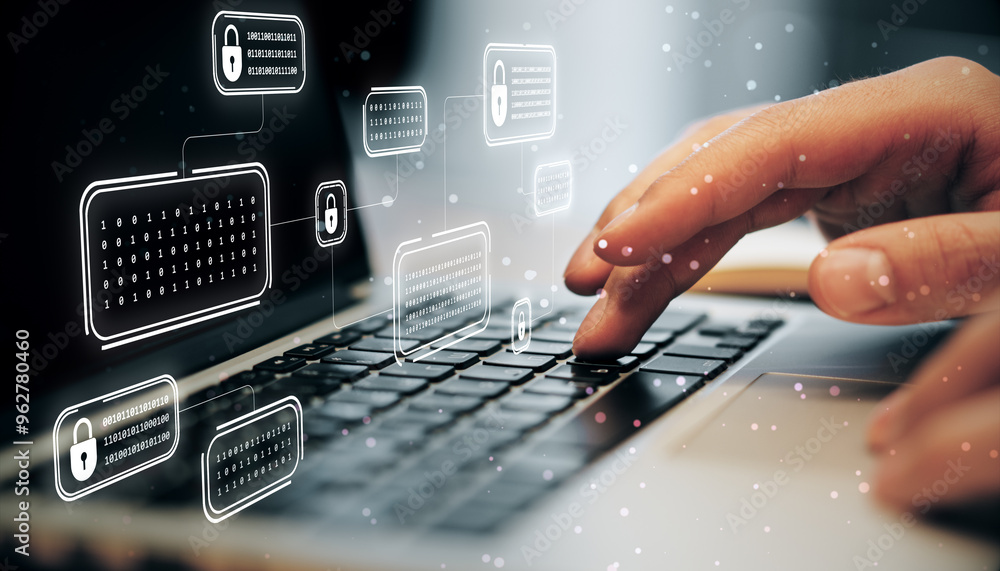 Poster Hands typing on a laptop keyboard with digital cybersecurity icons floating around.