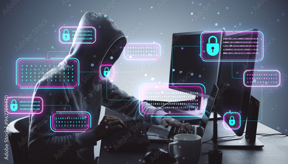 Leinwandbilder Hacker in a hoodie working at a desk with glowing locks and binary codes around them.