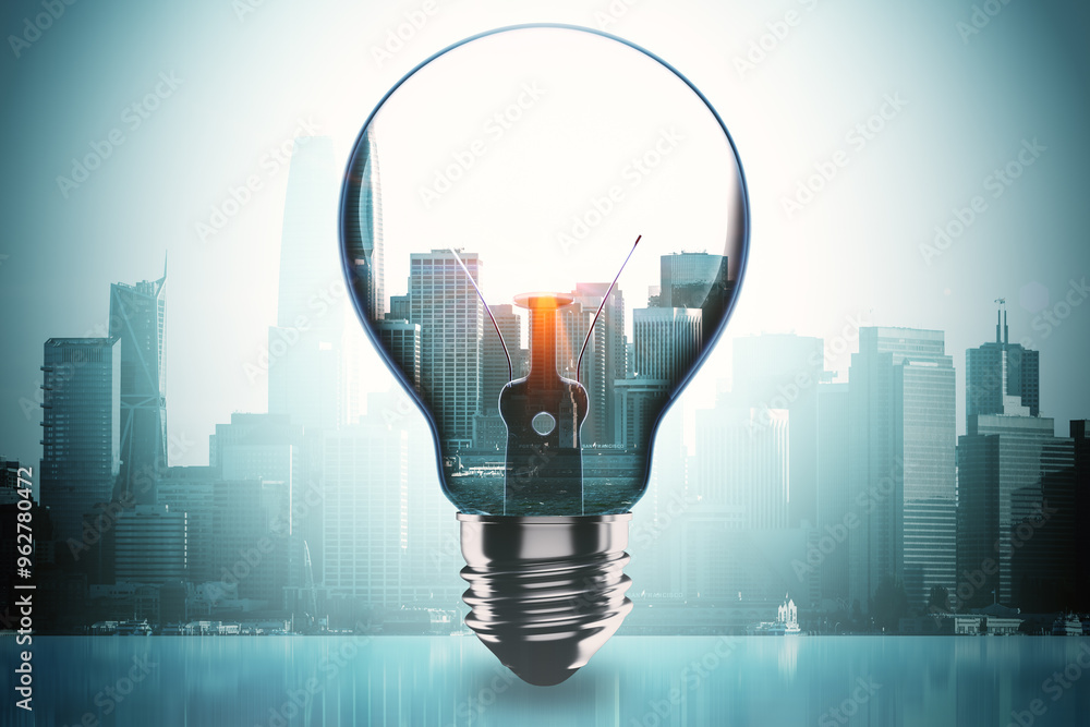 Aufkleber Lightbulb with cityscape inside on a blue background. 3D Rendering