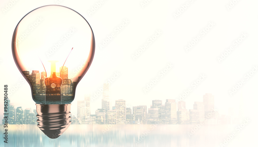 Poster Lightbulb with cityscape inside on a bright background, symbolizing innovation and ideas. 3D Rendering